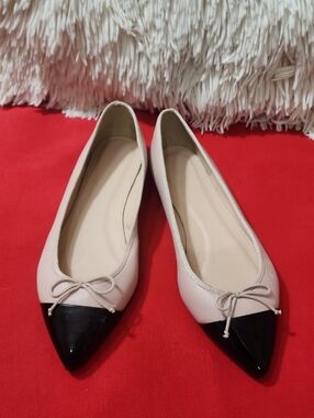 J. Crew Tan Ballet Flats with Black Patent Cap Toe